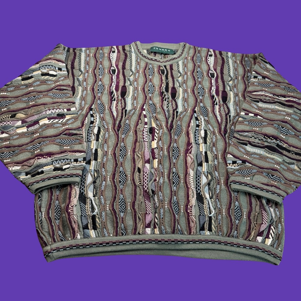 Tundra Canada Sweater Large 3D Textured Geometric Knit Multicolor Crewneck